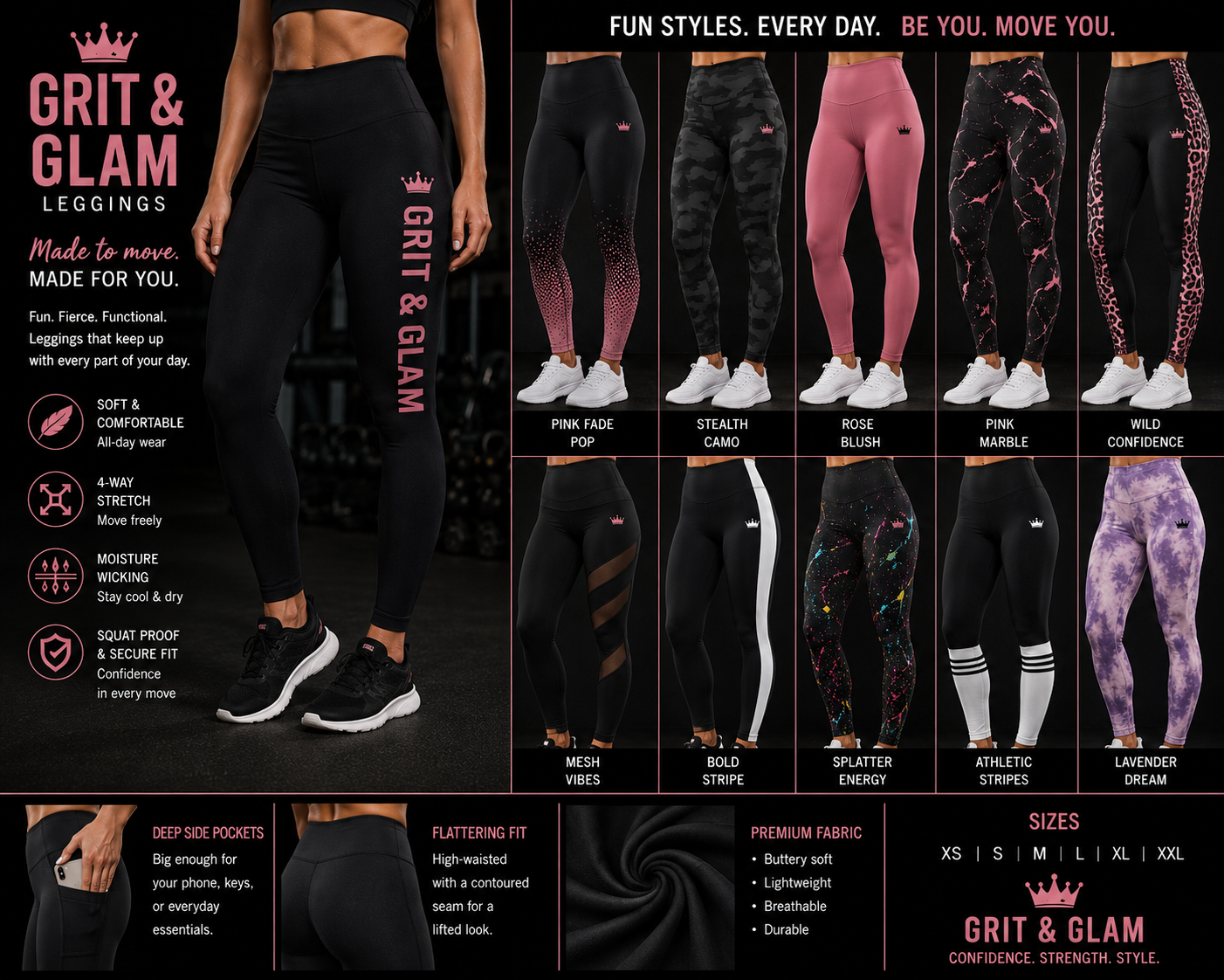 G&G Fun Styles Leggings - 10 styles Pink Fade Pop Stealth Camo Rose Blush Pink Marble Wild Confidence Mesh Vibes Bold Stripe Splatter Energy Athletic Stripes Lavender Dream