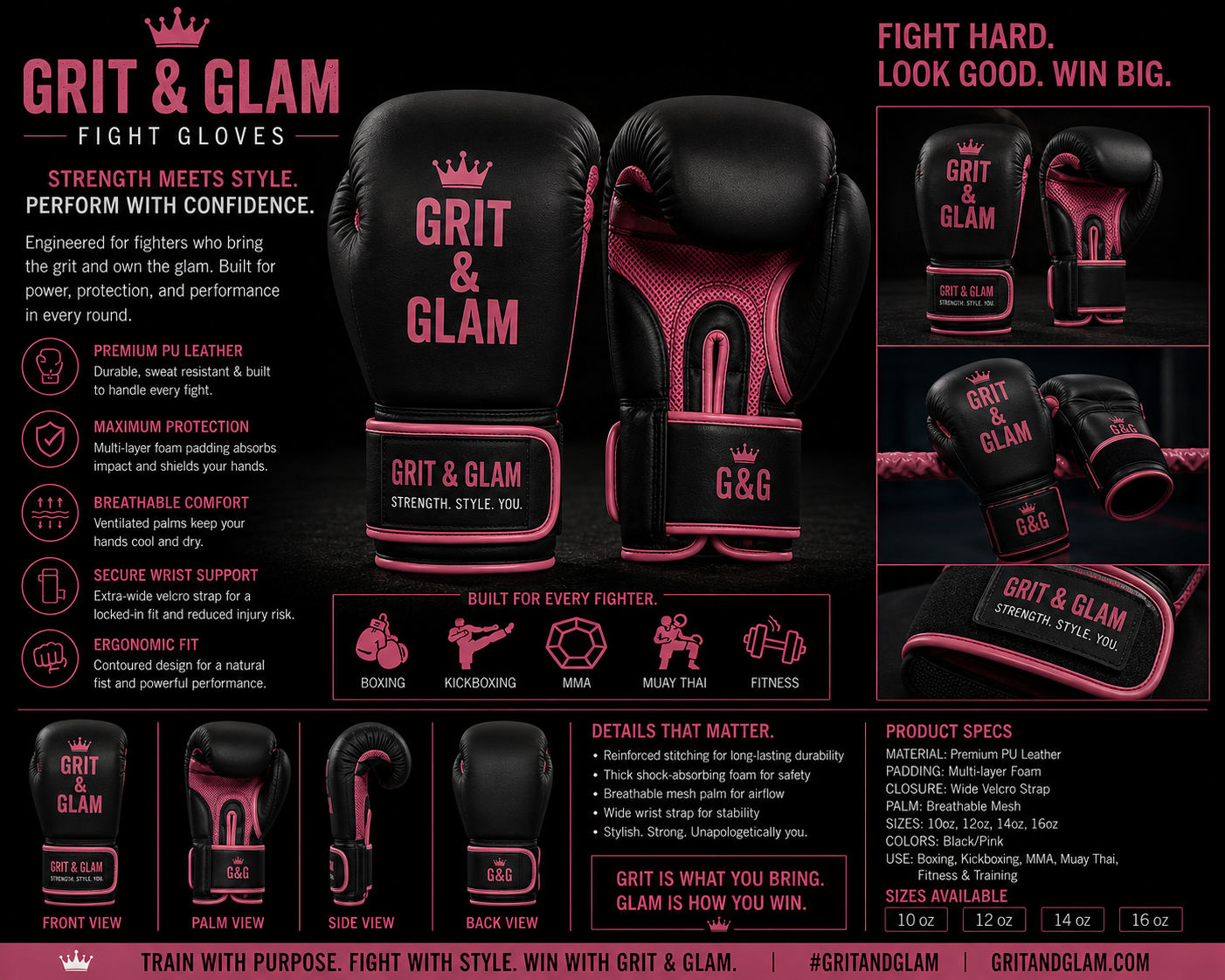 G&G Fight Gloves Black Pink - front palm side and back view