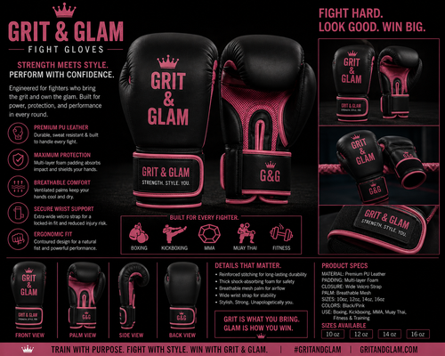 G&G Fight Gloves Black Pink - front palm side and back view