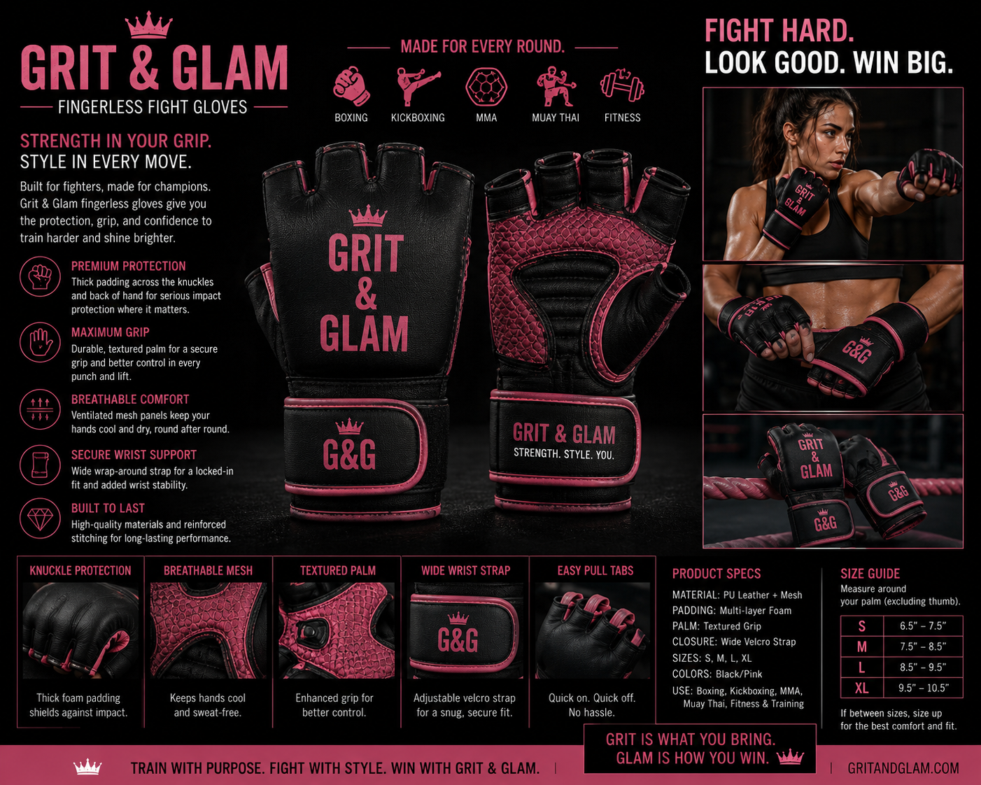 G&G Fingerless Fight Gloves Black Pink - front and palm view