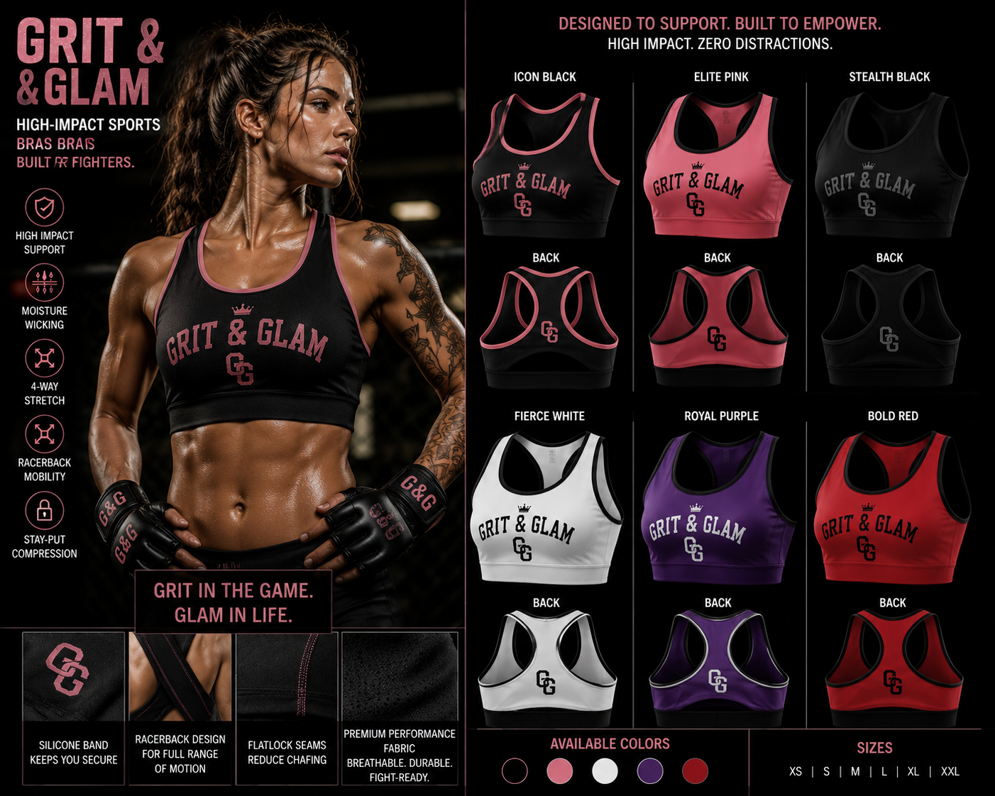 G&G High-Impact Sports Bra - 6 colors Icon Black Elite Pink Stealth Black Fierce White Royal Purple Bold Red