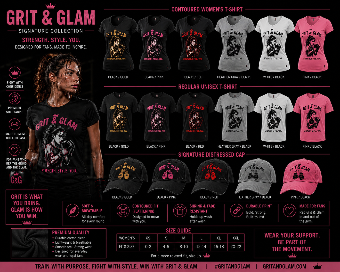 G&G Signature Contoured Tee - Strength Style You - 6 colors Black Gold Black Pink Black Red Heather Gray White Pink