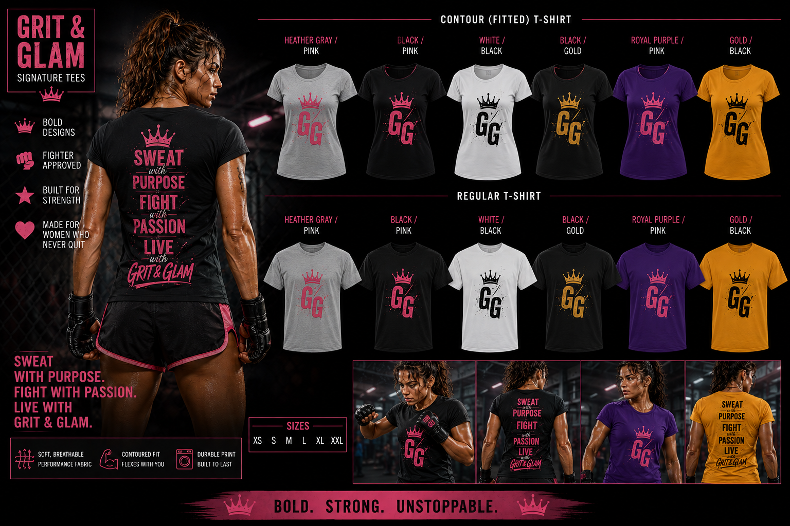 G&G Signature Contoured Tee - 6 colors Heather Gray Pink Black Pink White Black Black Gold Royal Purple Pink Gold Black