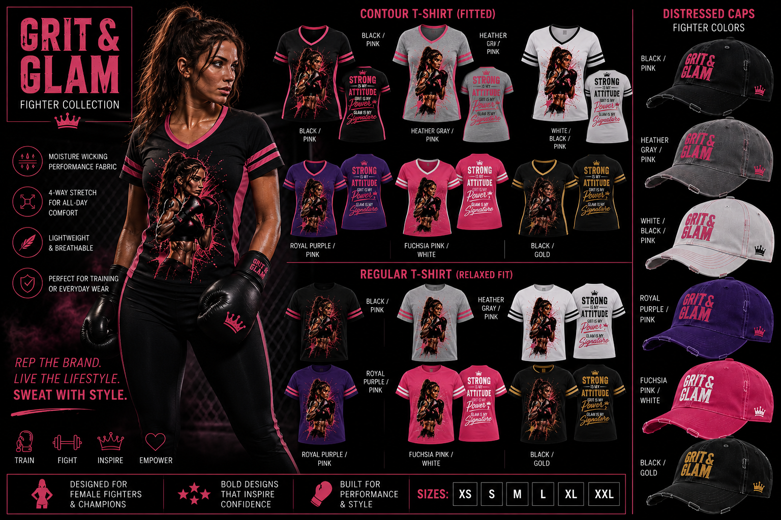G&G Fighter Contoured Tee - Strong is My Attitude - 6 colors Black Pink Heather Gray White Royal Purple Fuchsia Pink Black Gold