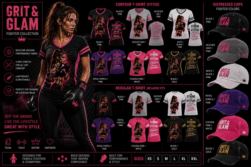 G&G Fighter Contoured Tee - Strong is My Attitude - 6 colors Black Pink Heather Gray White Royal Purple Fuchsia Pink Black Gold