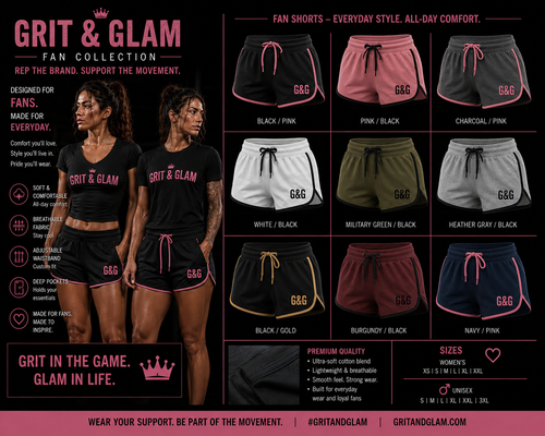 G&G Fan Shorts Regular - 9 colors Black Pink Charcoal White Military Green Heather Gray Black Gold Burgundy Navy