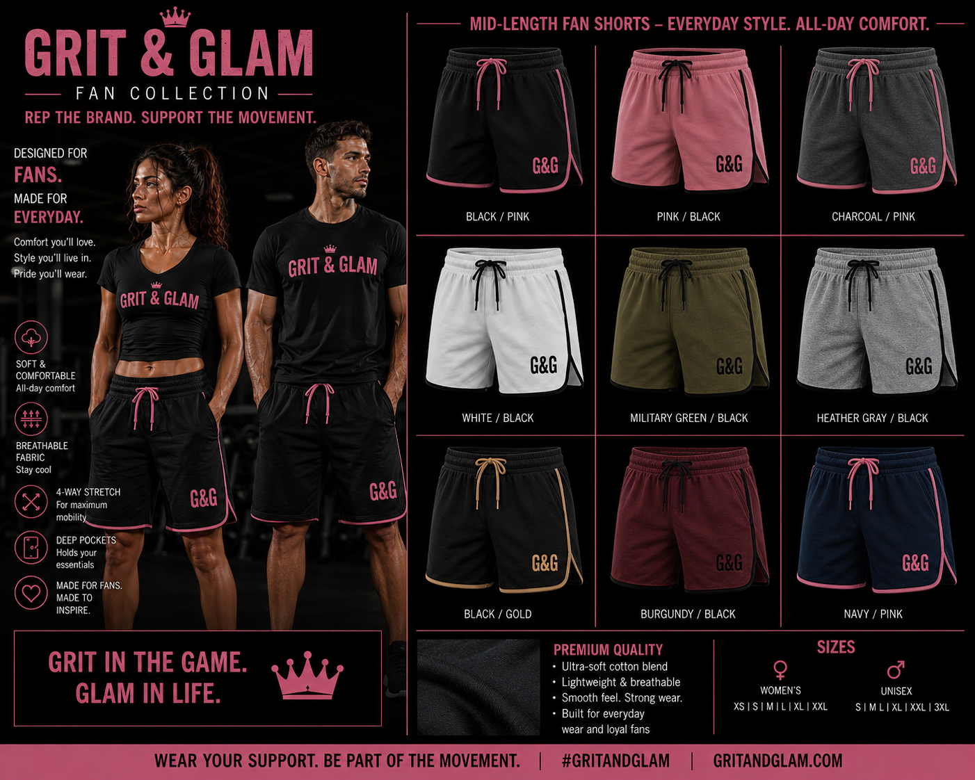 G&G Mid-Length Fan Shorts - 9 colors Black Pink Charcoal White Military Green Heather Gray Black Gold Burgundy Navy