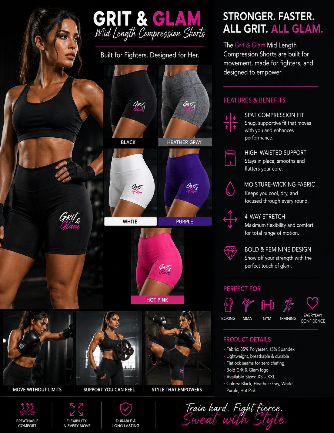 G&G Mid-Length Compression Shorts - 5 colors Black Heather Gray White Purple Hot Pink