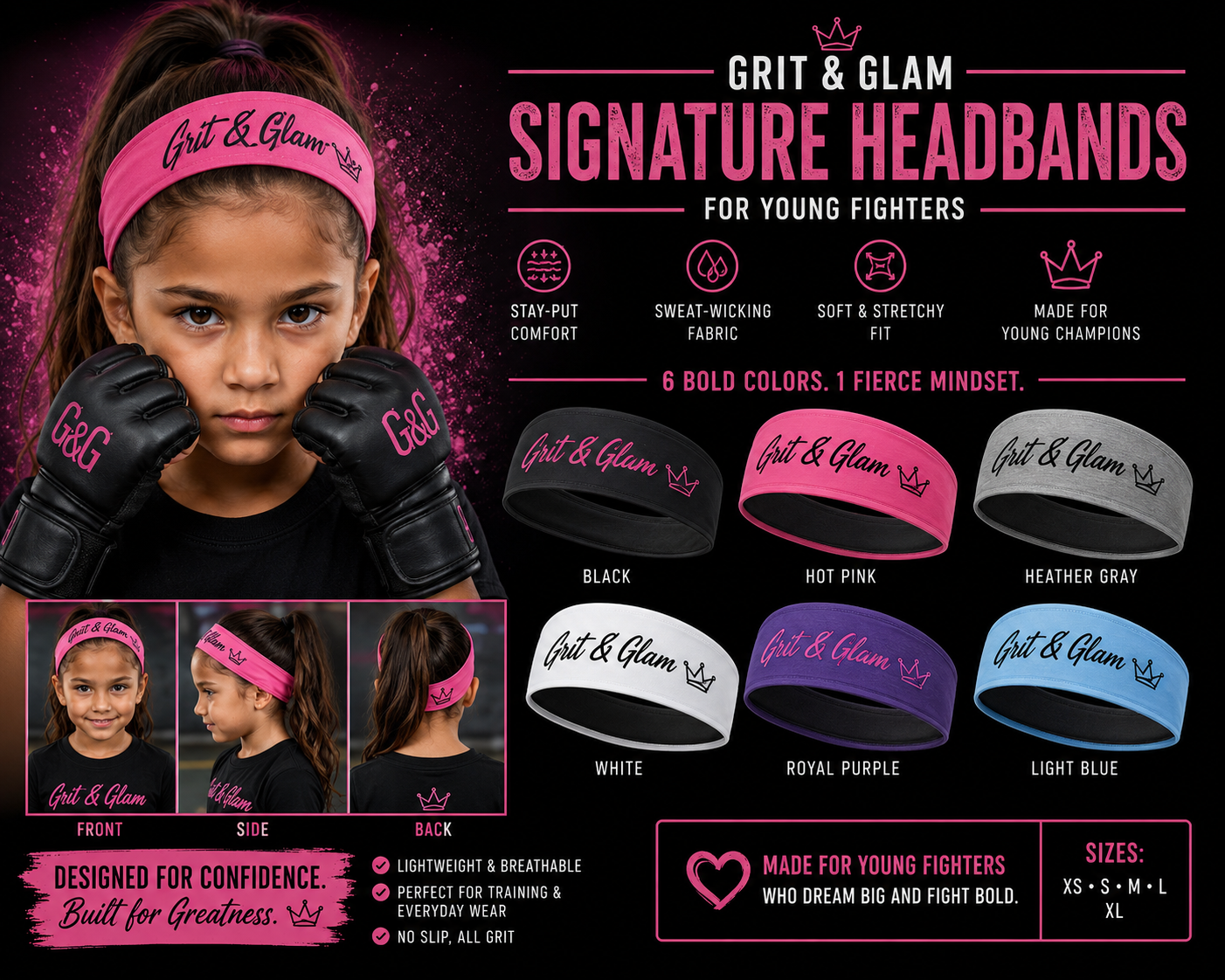 G&G Kids Signature Headband - 6 colors Black Hot Pink Heather Gray White Royal Purple Light Blue