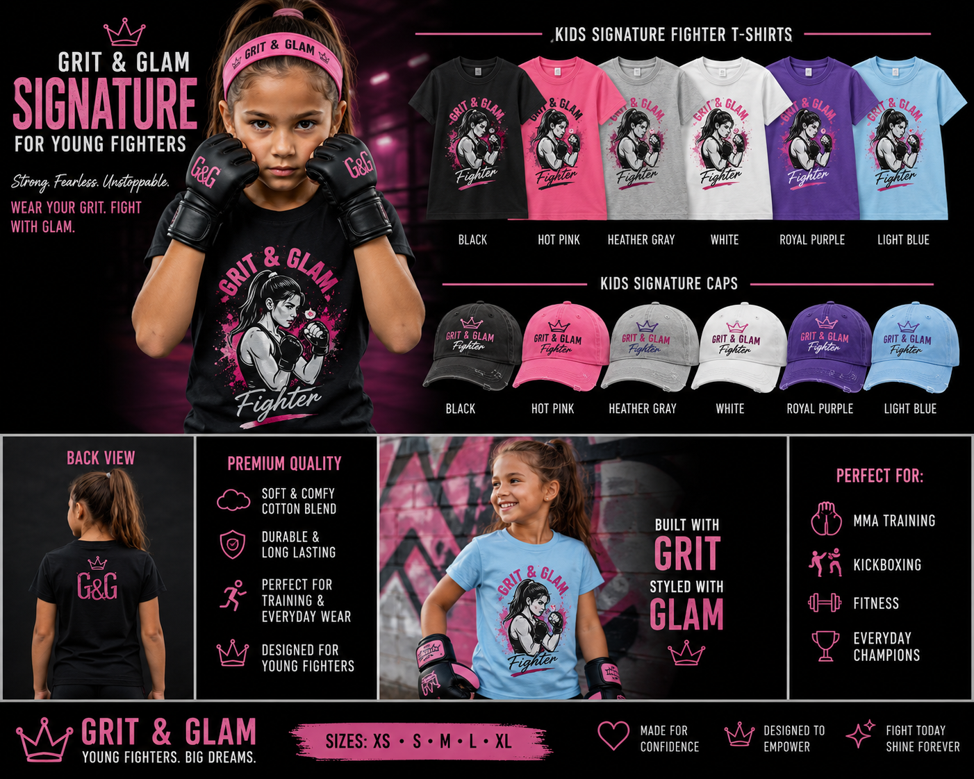 G&G Kids Signature Fighter Tee - 6 colors Black Hot Pink Heather Gray White Royal Purple Light Blue