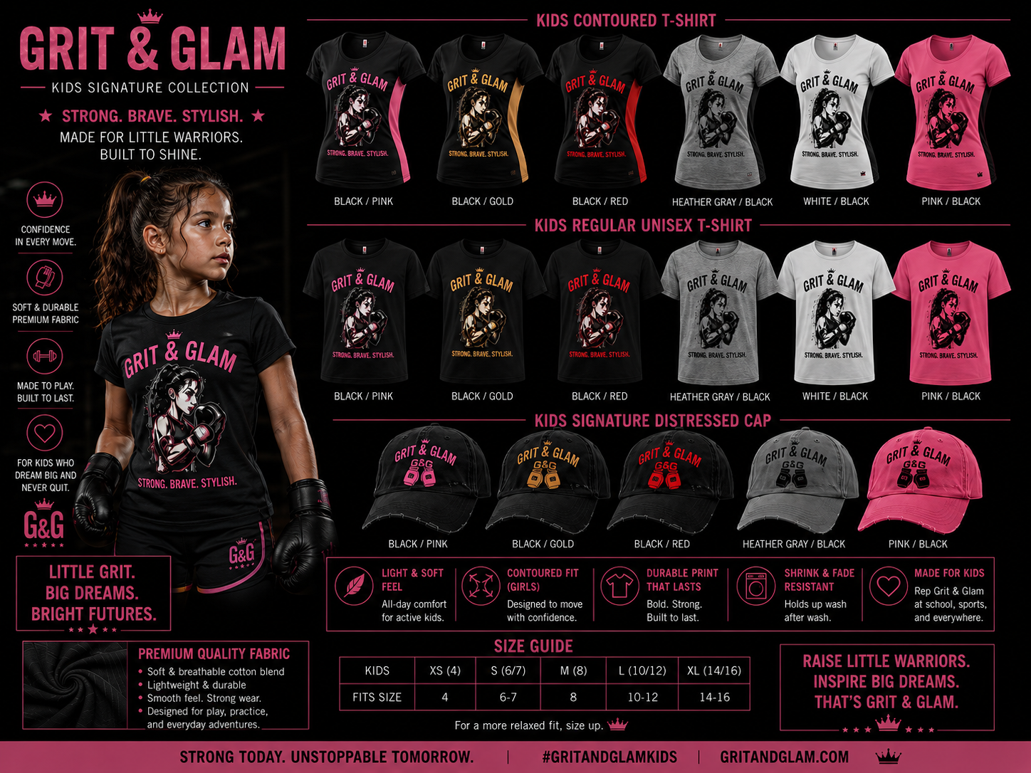 G&G Kids Contoured Tee - Strong Brave Stylish - 6 colors Black Pink Black Gold Black Red Heather Gray White Pink