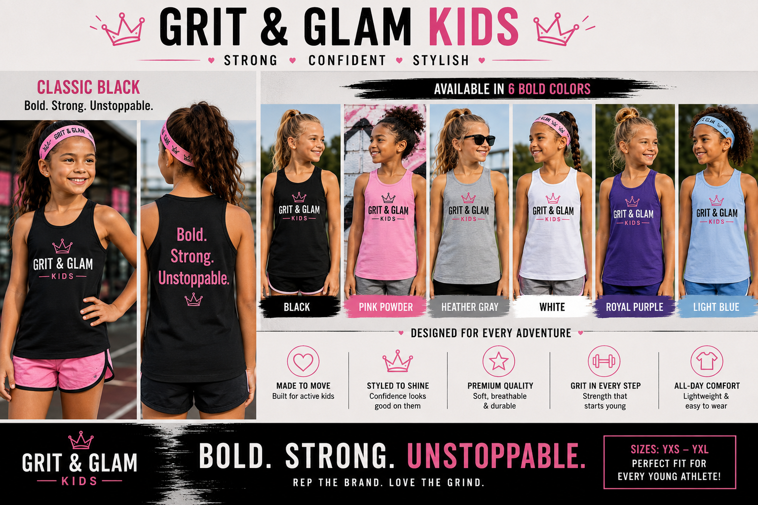Grit & Glam Kids Tank Top Bold Strong Unstoppable - 6 colors