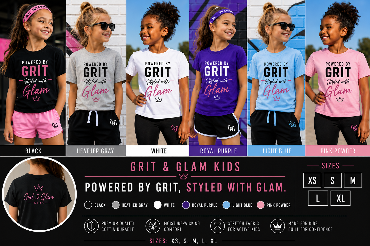 Grit & Glam Kids T-Shirt Powered by Grit Styled with Glam - Black Heather Gray White Royal Purple Light Blue Pink Powder XS-XL