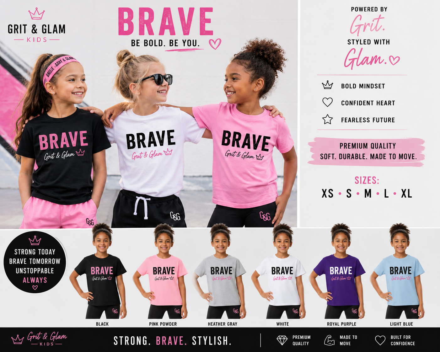 Grit & Glam Kids Brave T-Shirt Be Bold Be You - 6 colors XS-XL