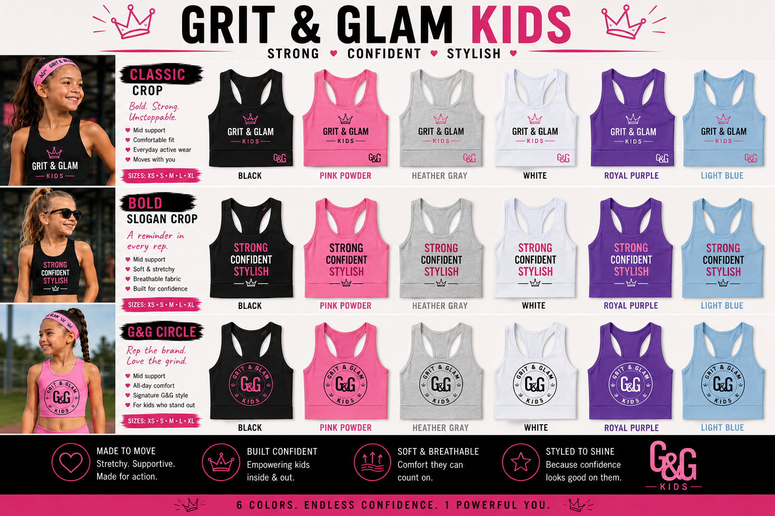 Grit & Glam Kids Crop Top Classic Bold Slogan G&G Circle - 6 colors XS-XL