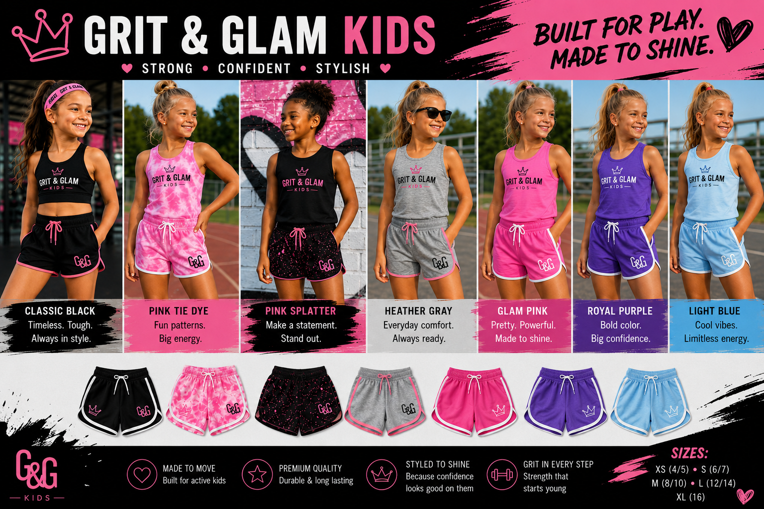 Grit & Glam Kids Shorts Built for Play Made to Shine - 7 colors XS-XL