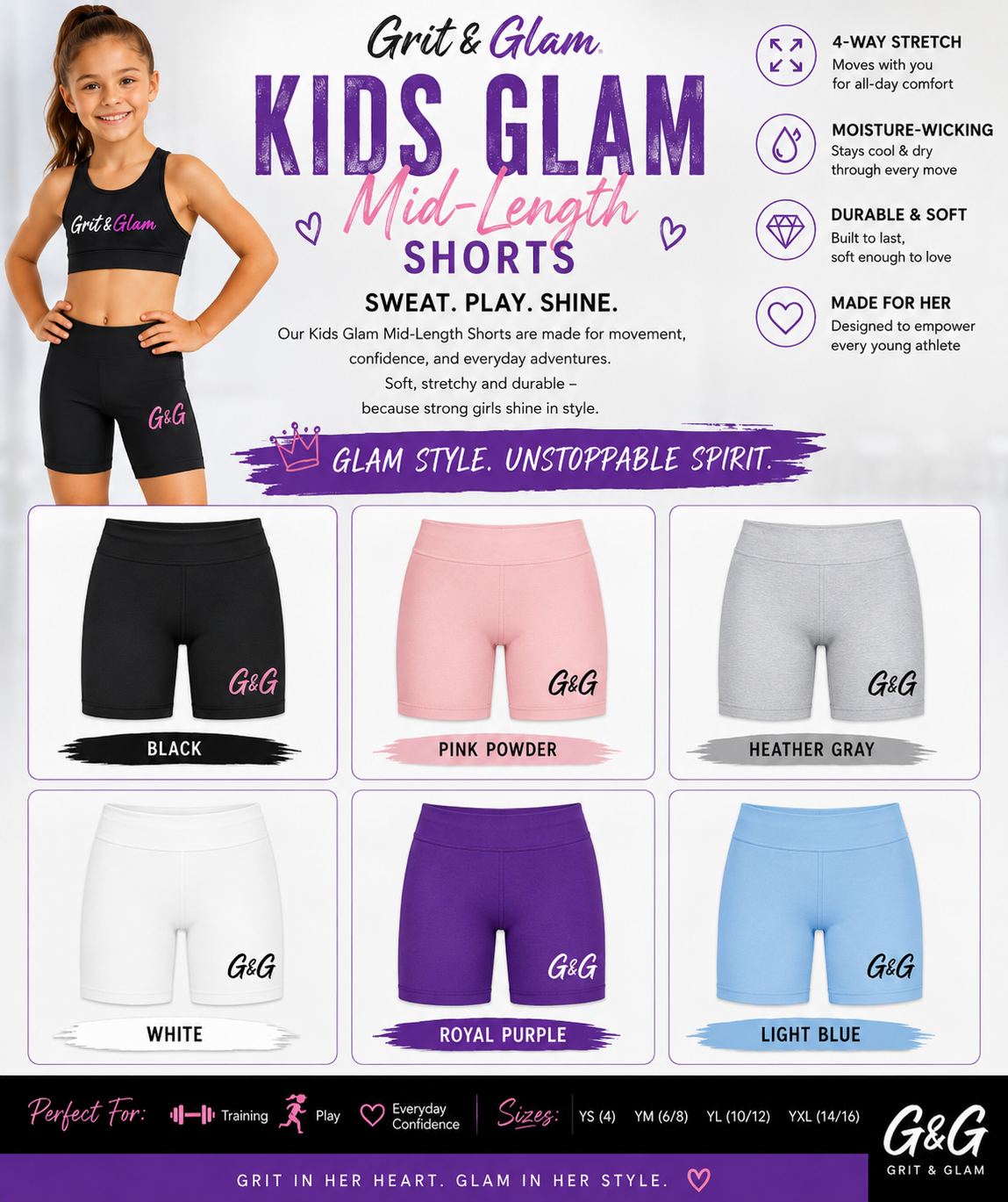 Grit & Glam Kids Glam Mid-Length Shorts - 6 colors YS-YXL
