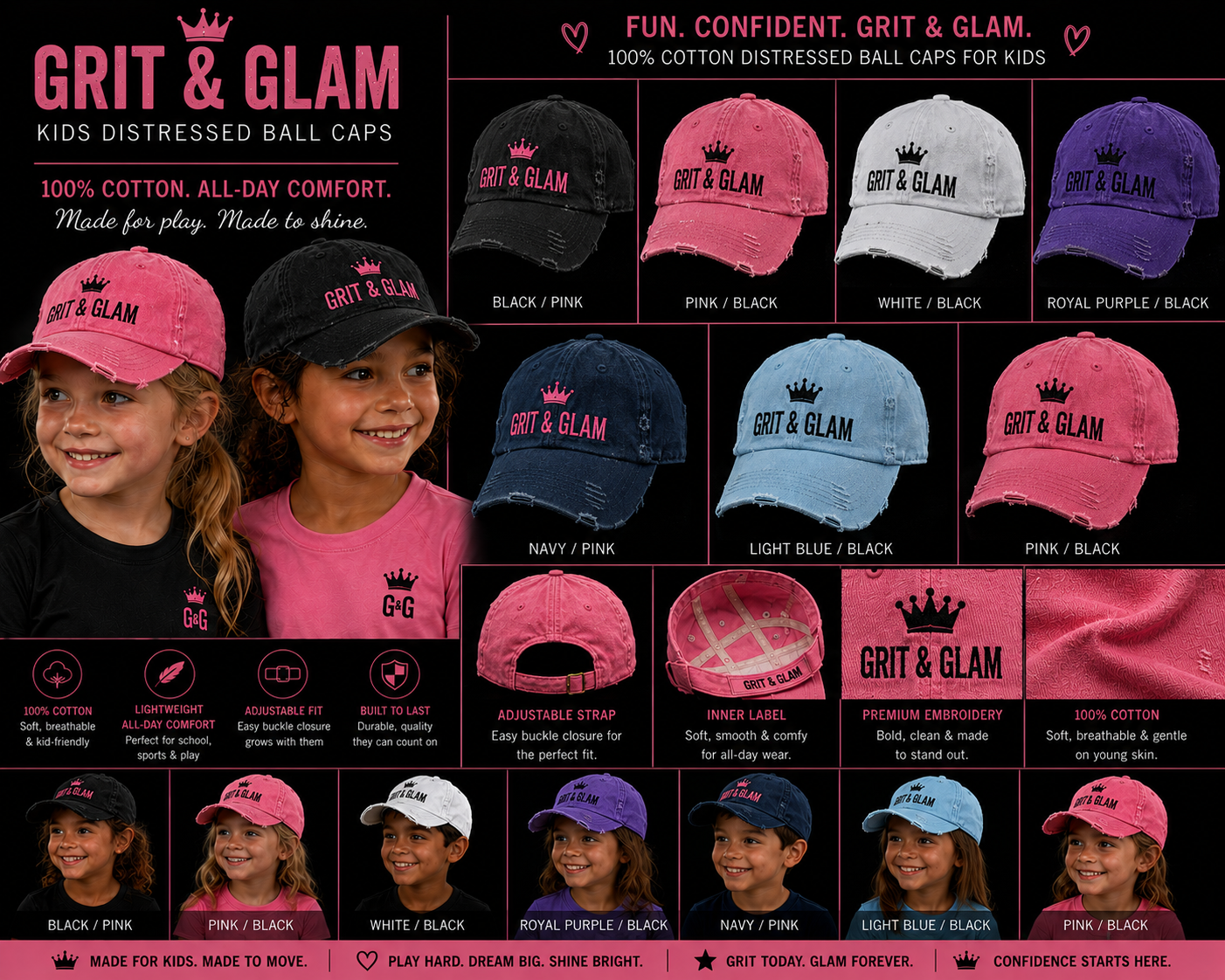 Grit & Glam Kids Distressed Ball Cap - 6 colorways adjustable fit