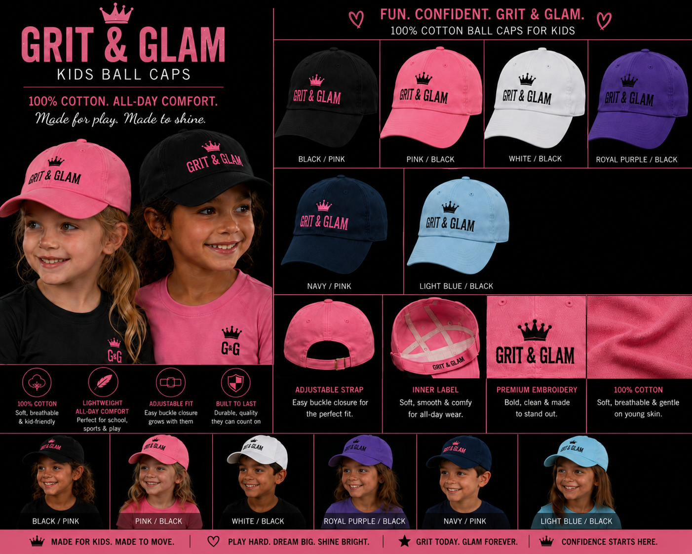 Grit & Glam Kids Ball Cap - 6 colorways adjustable fit