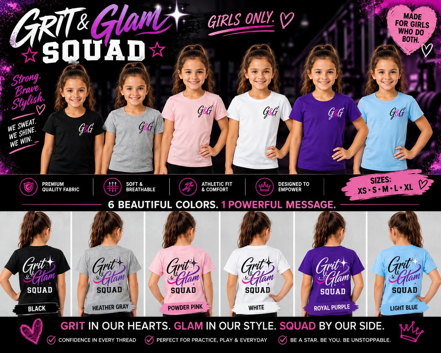 Grit & Glam Squad Kids T-Shirt - 6 colors XS-XL Girls Only