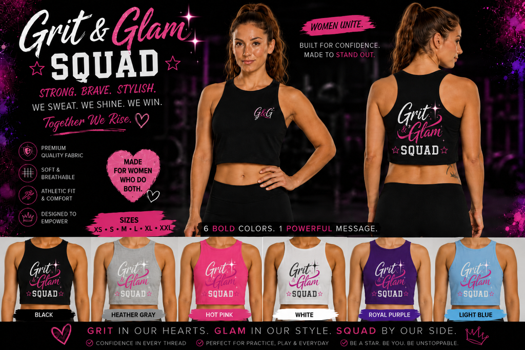 Grit & Glam Squad Women's Crop Tank Top - 6 colors XS-XXL Hot Pink Black Heather Gray White Royal Purple Light Blue