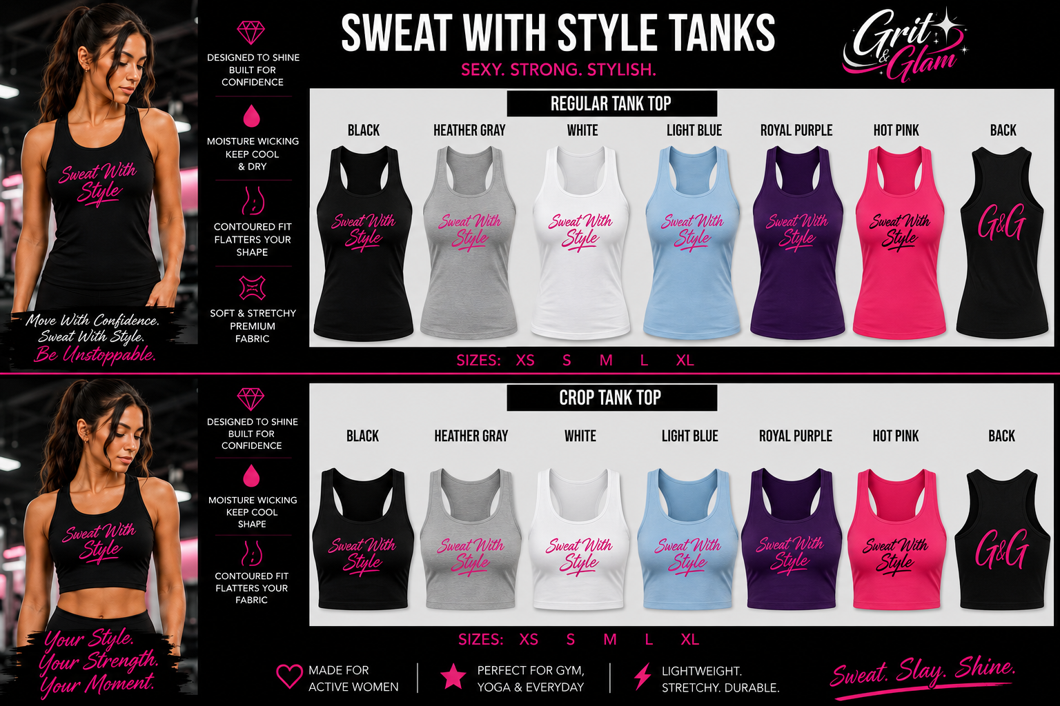 Sweat With Style Tank Top - 6 colors Black Heather Gray White Light Blue Royal Purple Hot Pink