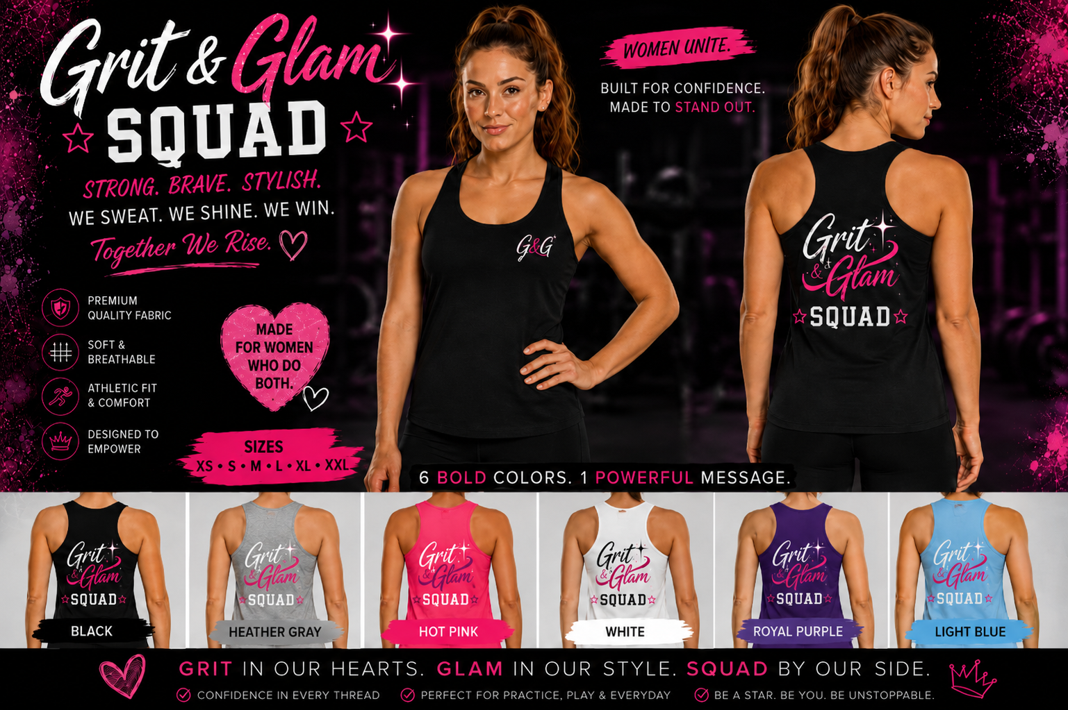 Grit & Glam Squad Tank Top - 6 colors Black Heather Gray Hot Pink White Royal Purple Light Blue