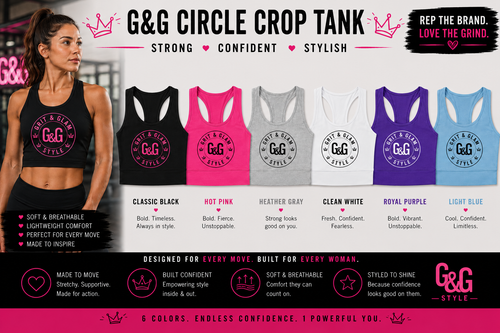 G&G Circle Crop Tank - 6 colors Classic Black Hot Pink Heather Gray Clean White Royal Purple Light Blue