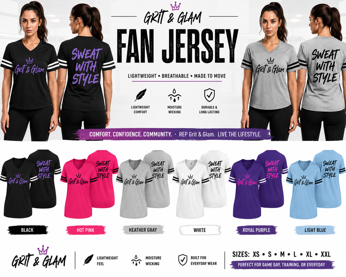 Grit & Glam Fan Jersey Sweat With Style - 6 colors Black Hot Pink Heather Gray White Royal Purple Light Blue