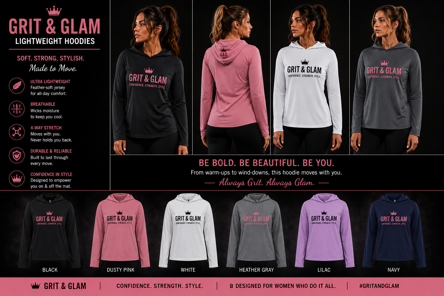 Grit & Glam Women's Lightweight Hoodie - Color Options