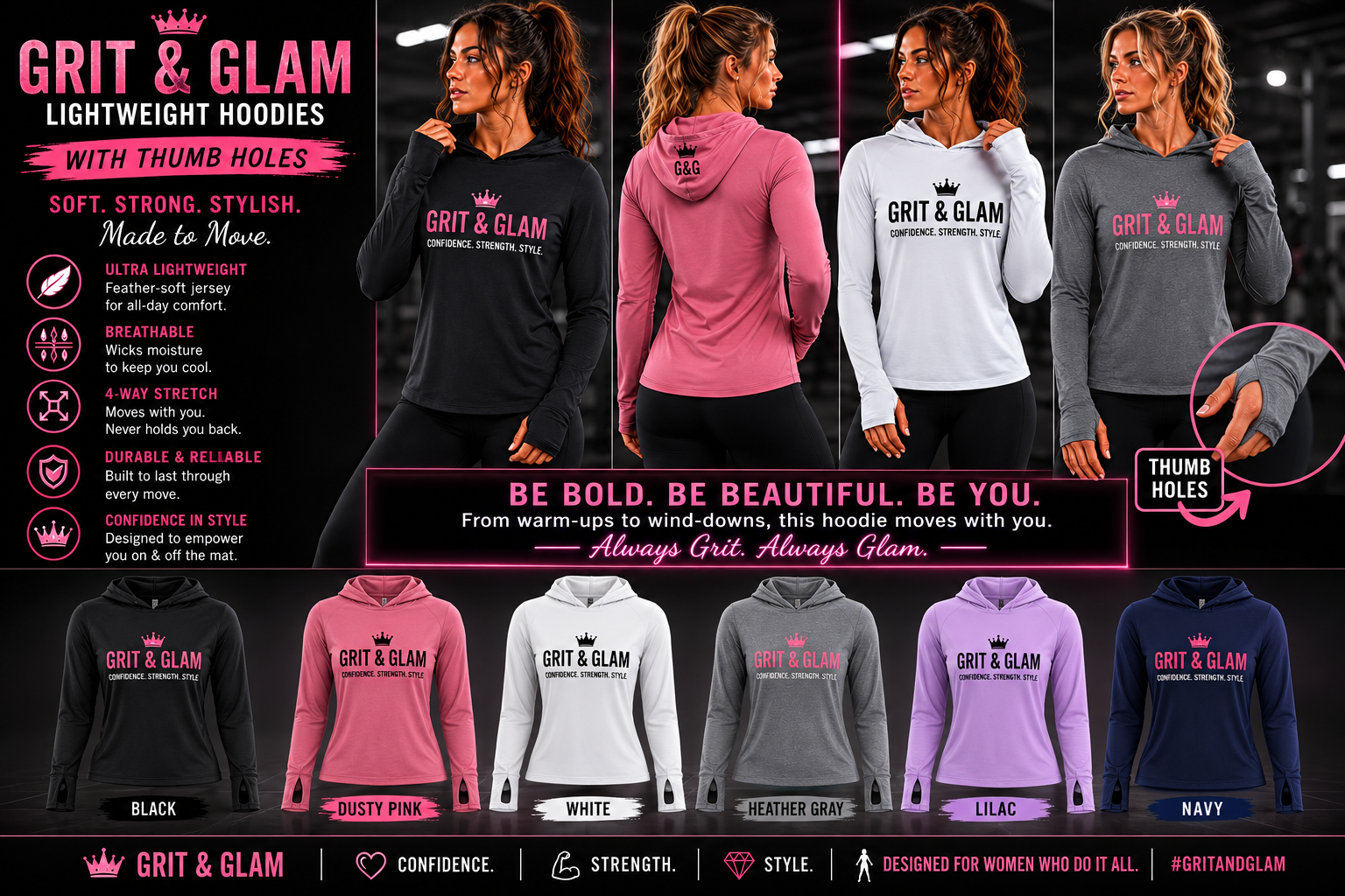 Grit & Glam Women's Lightweight Hoodie With Thumb Holes - 6 colors