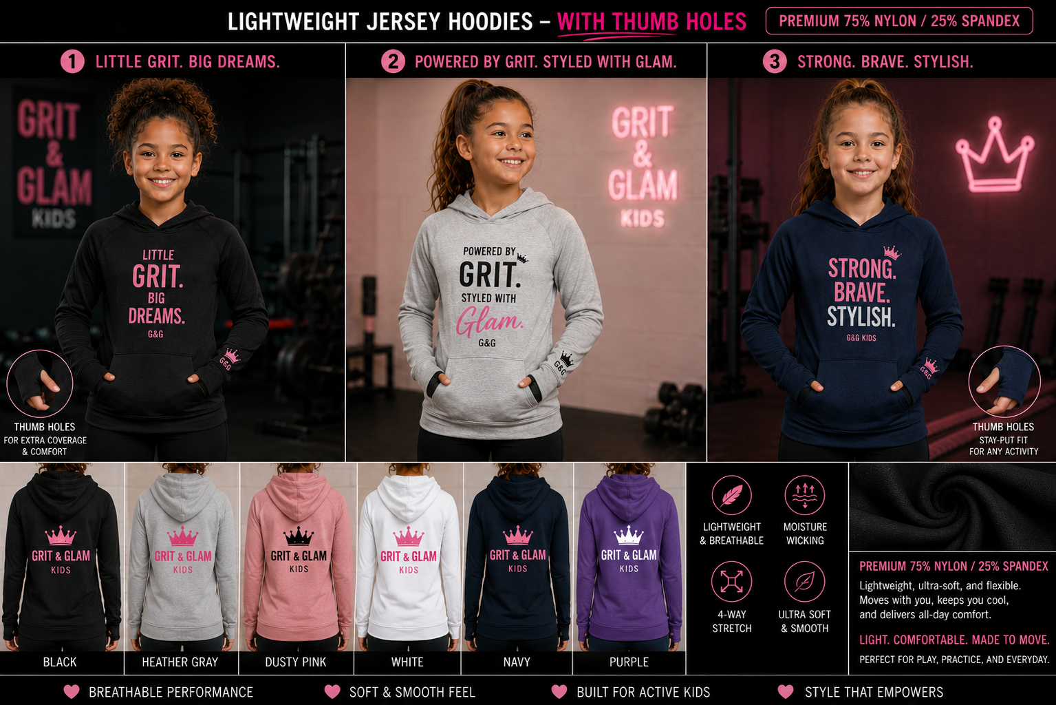 Grit & Glam Kids Lightweight Hoodie With Thumb Holes - all 6 colors